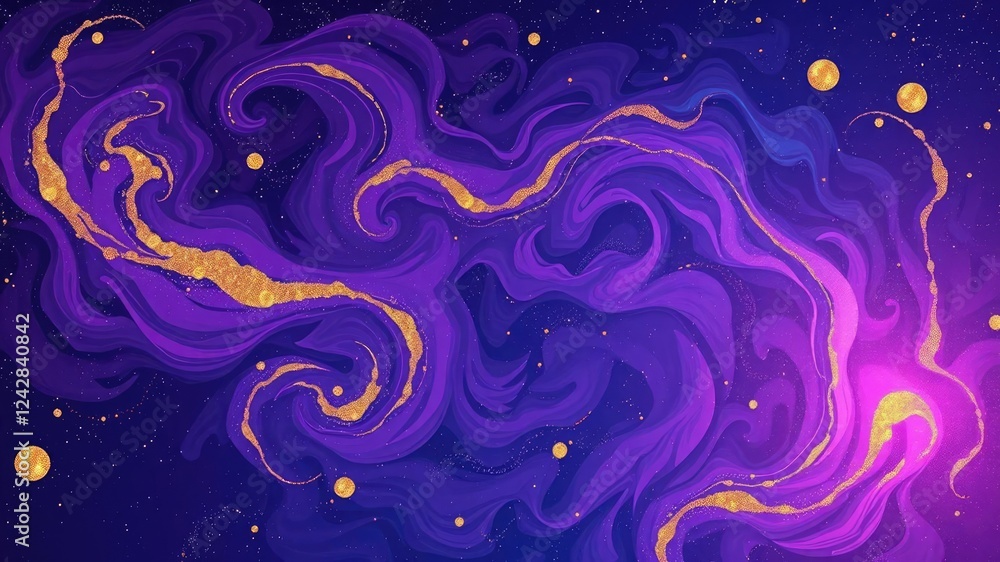 Whimsical and fantastical representation of the night sky with swirling shapes and colors in shades of purple, pink, blue and gold, texture, mystical Whimsical and fantastical representation of the night sky with swirling shapes and colors in shades of purple, pink, blue and gold, texture, mystical