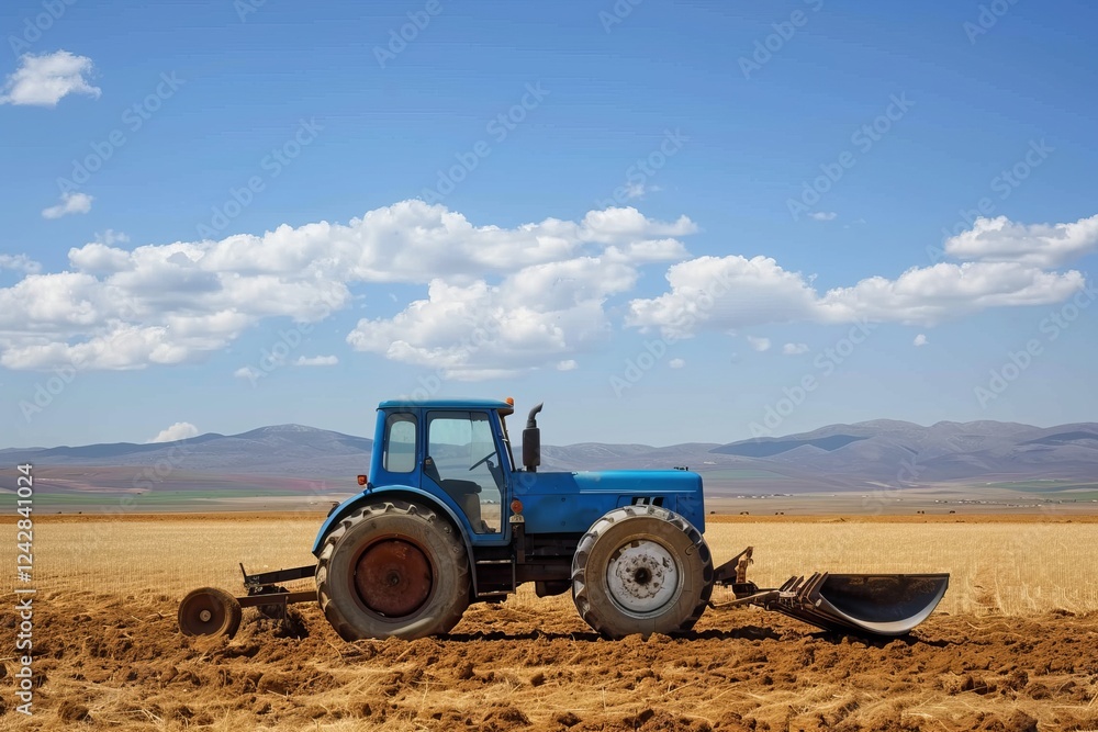 Obraz premium Blue tractor plowing a field under a clear sky in rural countryside.