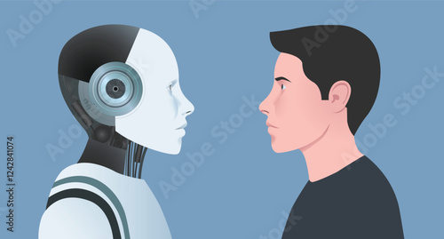 Machine vs human: AI robot and man facing each other. Concept of artificial intelligence