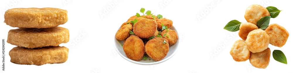 Chicken nuggets isolated on transparent background, PNG, Set of