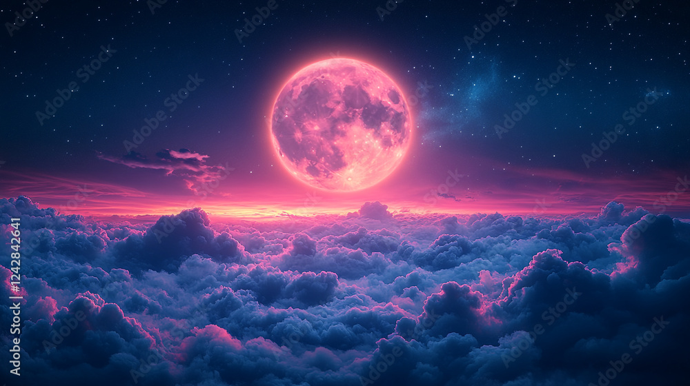 Pink Moon Above Dreamlike Cloudscape Celestial Night Sky Fantasy Art space stars image purple cosmic Pink Moon Above Dreamlike Cloudscape Celestial Night Sky Fantasy Art space stars image purple cosmic