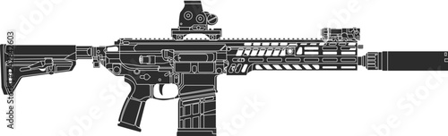 Assault rifle with optical sight and silencer without contours, icon of the new standard army weapon xm7 in black.