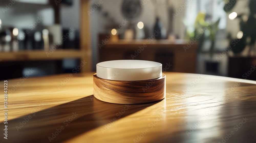 Wooden Display Platform on a Table with Blurred Background for Product Placement or Showcase Wooden Display Platform on a Table with Blurred Background for Product Placement or Showcase
