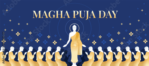 Magha puja day - The Lord Buddha stand and giving and Preach 1250 monks on flowers around and dark blue background vector design