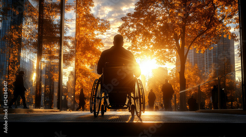 A wheelchair user enjoying a sunny autumn day in a city park, surrounded by vibrant orange trees and modern buildings photo