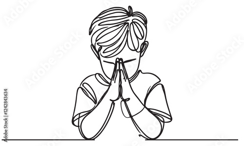 continuous one single black line art doodle drawing of kid sitting and apologize hand gesture to pray illustration on white background