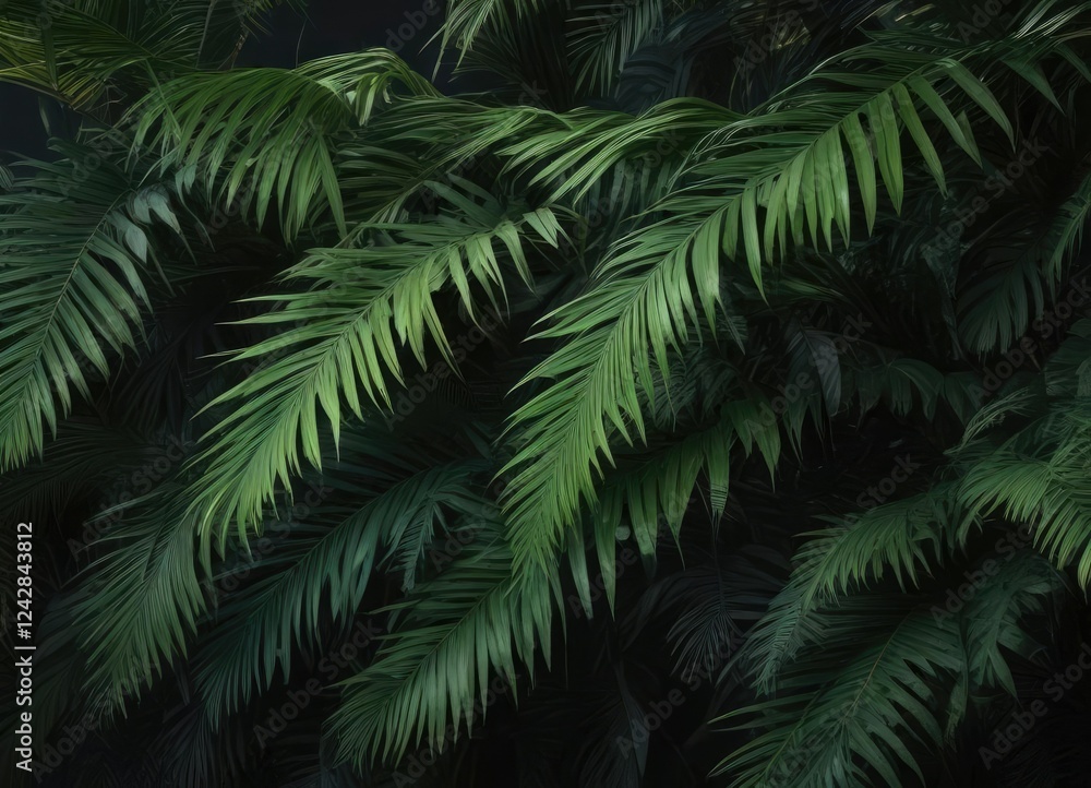 Vivid green palm leaves on dark background in a garden, garden, tropical, greenery Vivid green palm leaves on dark background in a garden, garden, tropical, greenery