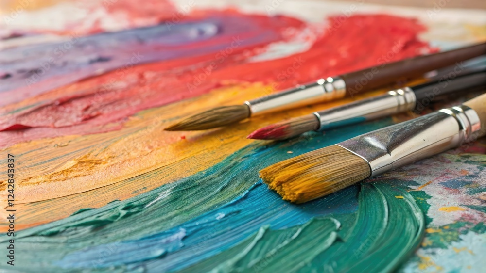Obraz premium Viscous oil paints spread across the canvas with vibrant brushstrokes creating a textured abstract background, artistic expression, artistic medium, oils on canvas, texture, color palette