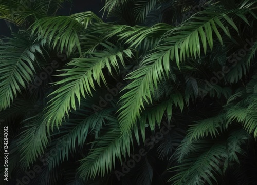 Vivid green palm leaves on dark background in a garden, garden, tropical, greenery