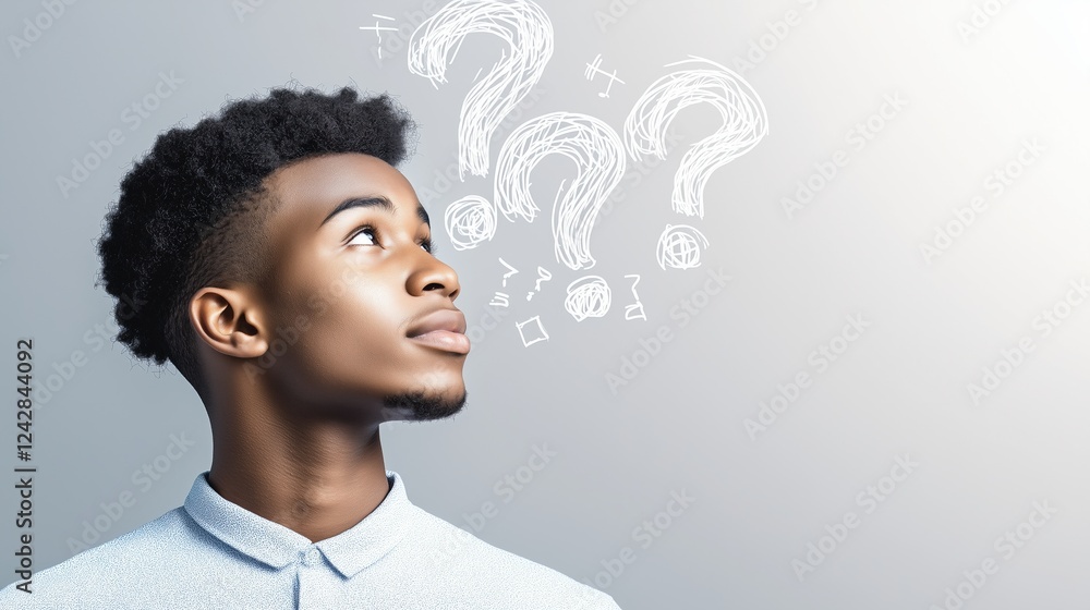 Young man looking up at drawn question marks. Concept of curiosity, problem-solving, and exploration. Young man looking up at drawn question marks. Concept of curiosity, problem-solving, and exploration.