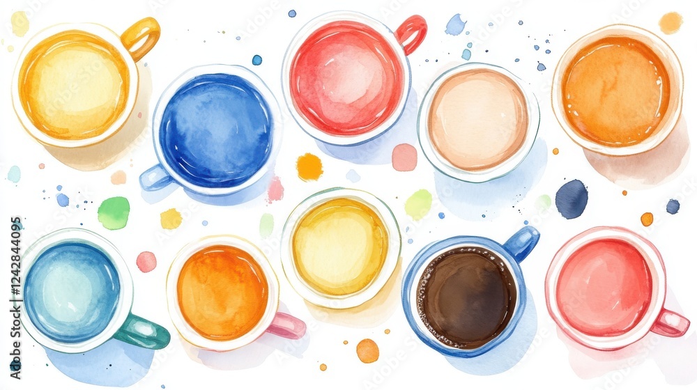 A vibrant watercolor illustration featuring a variety of colorful coffee mugs arranged artistically, showcasing different shades and patterns. A vibrant watercolor illustration featuring a variety of colorful coffee mugs arranged artistically, showcasing different shades and patterns.