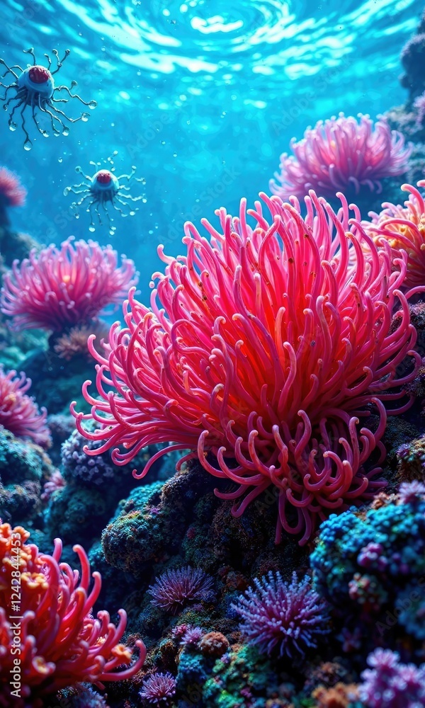 Vibrant sea anemones waving in the ocean current, marine life, ocean currents, colorful fish Vibrant sea anemones waving in the ocean current, marine life, ocean currents, colorful fish