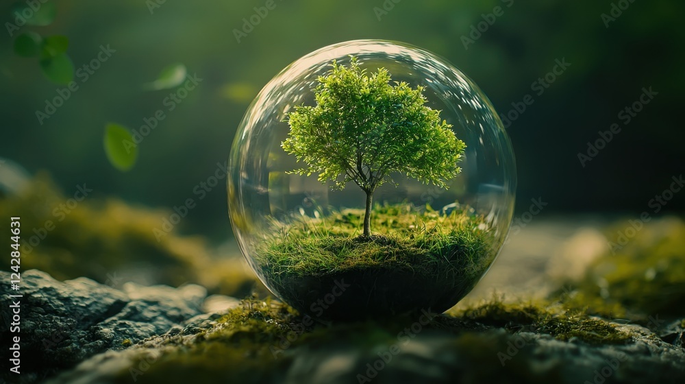 A small thriving tree encapsulated in a glass orb, representing nature's resilience and the importance of environmental conservation. A small thriving tree encapsulated in a glass orb, representing nature's resilience and the importance of environmental conservation.