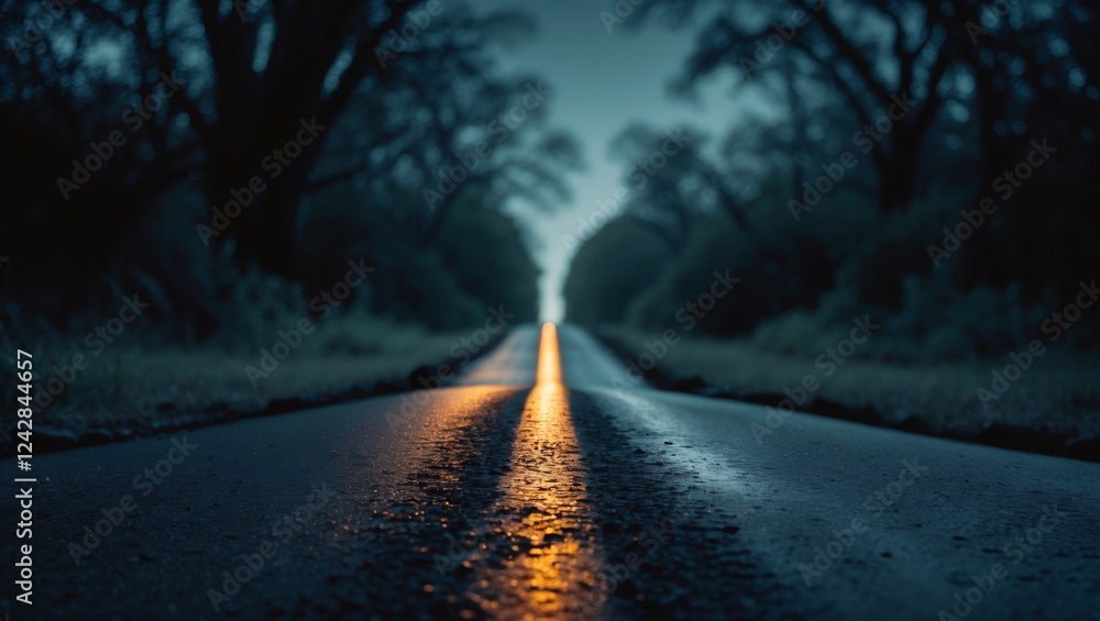 Long winding road illuminated by soft light at dusk with trees lining the sides creating a tranquil atmosphere Long winding road illuminated by soft light at dusk with trees lining the sides creating a tranquil atmosphere