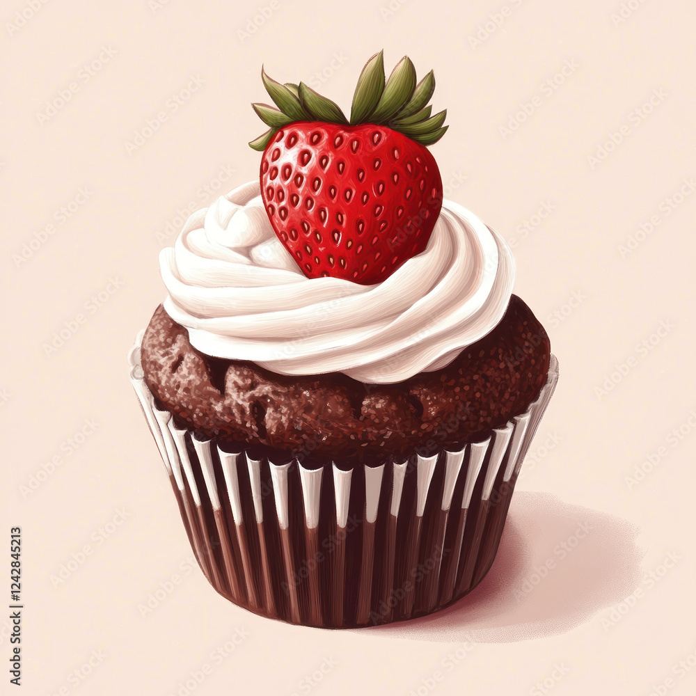 chocolate muffin topped with creamy frosting and fresh strawberry, creating delightful and appetizing treat chocolate muffin topped with creamy frosting and fresh strawberry, creating delightful and appetizing treat