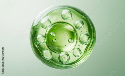 green water liquid bubble, drops, transparent sphere ball, moisture serum, molecules cells, water splash,3d render,Cosmetic and luxury product