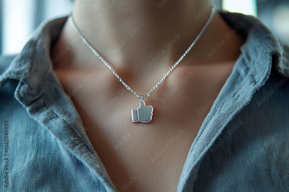 Person wearing a silver necklace with a thumbs up pendant in a casual setting Person wearing a silver necklace with a thumbs up pendant in a casual setting