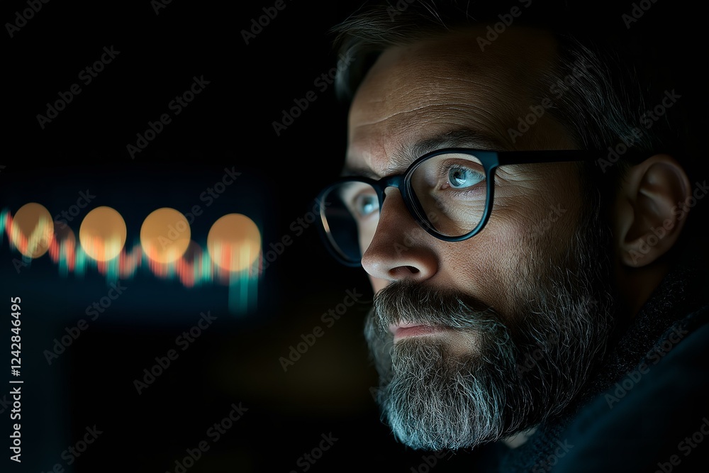 Man Analyzing Financial Data at Night Man Analyzing Financial Data at Night