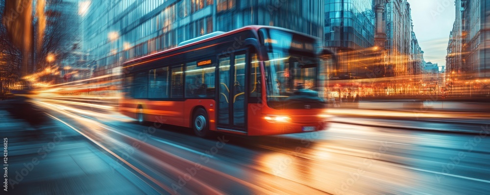 Fototapeta premium City bus speeding, night lights blur, urban transport