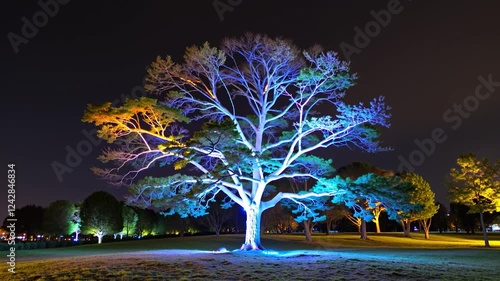 Illuminated Tree at Night: A Symphony of Colors in the Park
