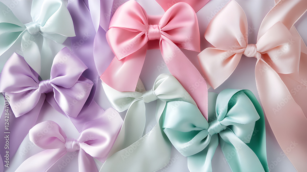 A delicate selection of satin ribbon bows in soft pastel colors such as pink, lavender, and mint green. This elegant set is ideal for detailed crafting, gift wrapping A delicate selection of satin ribbon bows in soft pastel colors such as pink, lavender, and mint green. This elegant set is ideal for detailed crafting, gift wrapping