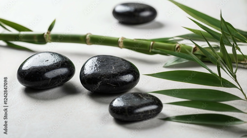 Black zen spa stones with banmoo leaves on white backgruond Black zen spa stones with banmoo leaves on white backgruond