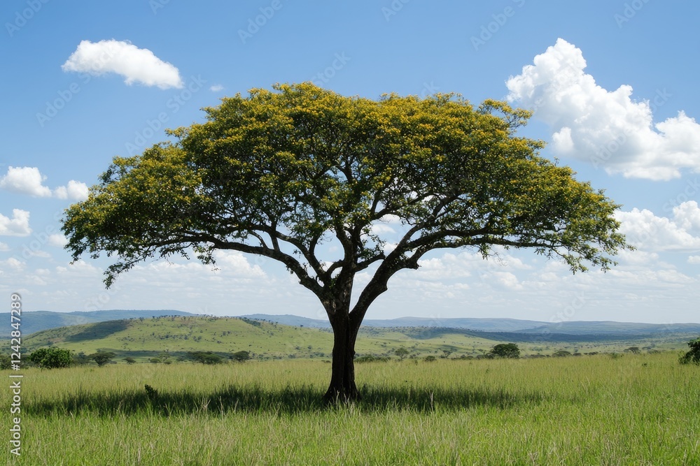 Solitary flowering tree in an african savanna landscape Solitary flowering tree in an african savanna landscape