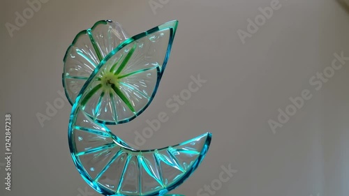 Abstract Glass Sculpture: Teal and Clear Spiral Design