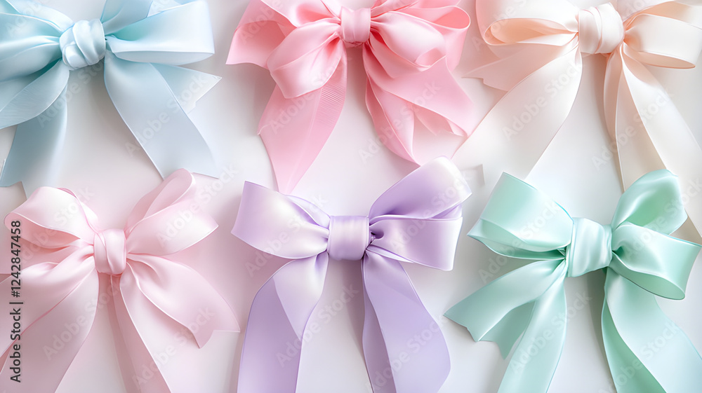 A delicate selection of satin ribbon bows in soft pastel colors such as pink, lavender, and mint green. This elegant set is ideal for detailed crafting, gift wrapping A delicate selection of satin ribbon bows in soft pastel colors such as pink, lavender, and mint green. This elegant set is ideal for detailed crafting, gift wrapping