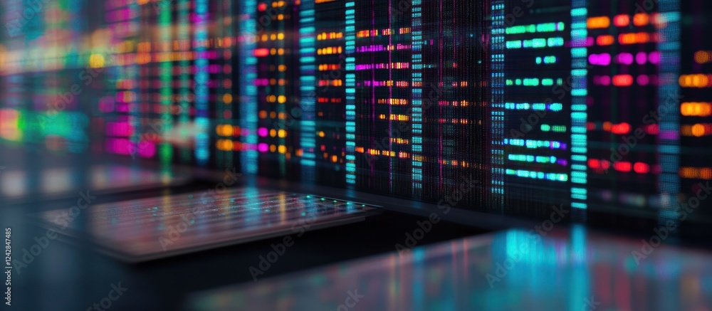 Obraz premium Colorful data streams on server room screen, devices in foreground