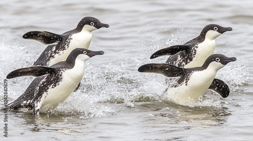 Fototapeta premium Antarctic penguins splashing, ocean, wildlife, group, nature