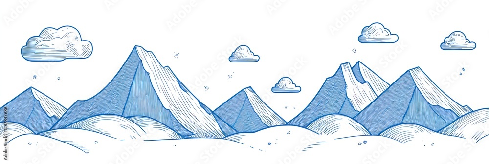 Blue Line Drawing of Mountains and Clouds Blue Line Drawing of Mountains and Clouds