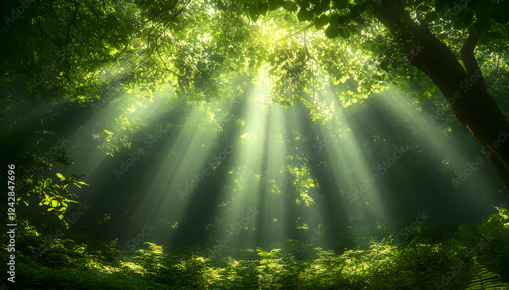 Obraz premium Sunbeams in lush forest, green canopy, peaceful nature scene, ideal for nature documentaries