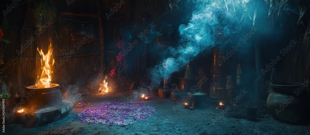 Ritual fire, smoke, hut, magic, fantasy film Ritual fire, smoke, hut, magic, fantasy film