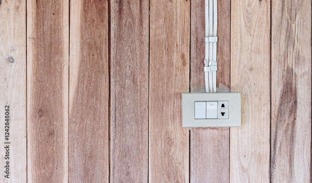 Old light switches and plugs on wooden walls Old light switches and plugs on wooden walls