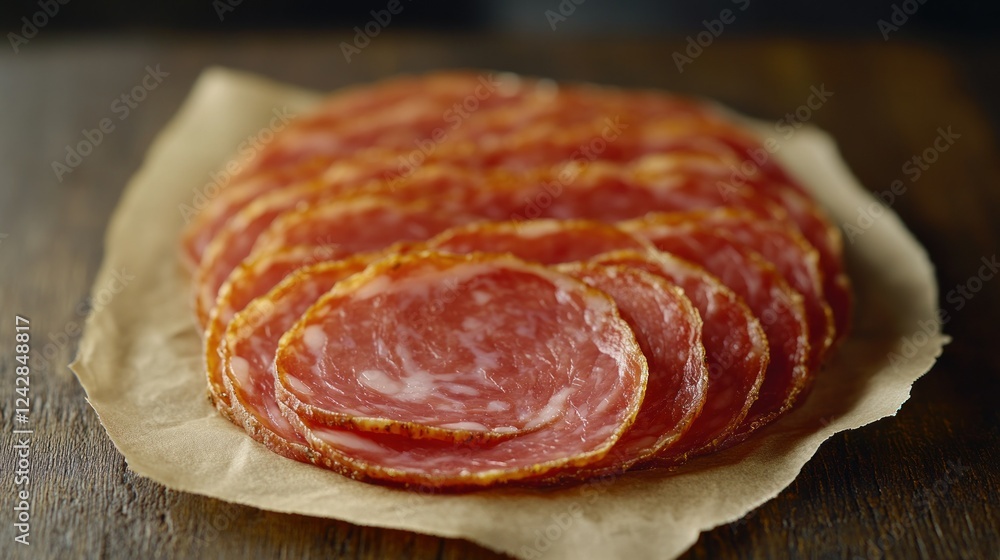 Sliced cured sausage on parchment paper Sliced cured sausage on parchment paper