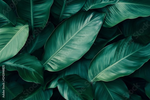 Lush tropical foliage, dark green leaves, nature background, design texture