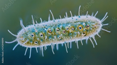 Microscopic ciliate protozoan, aquatic environment, vibrant background, scientific research photo