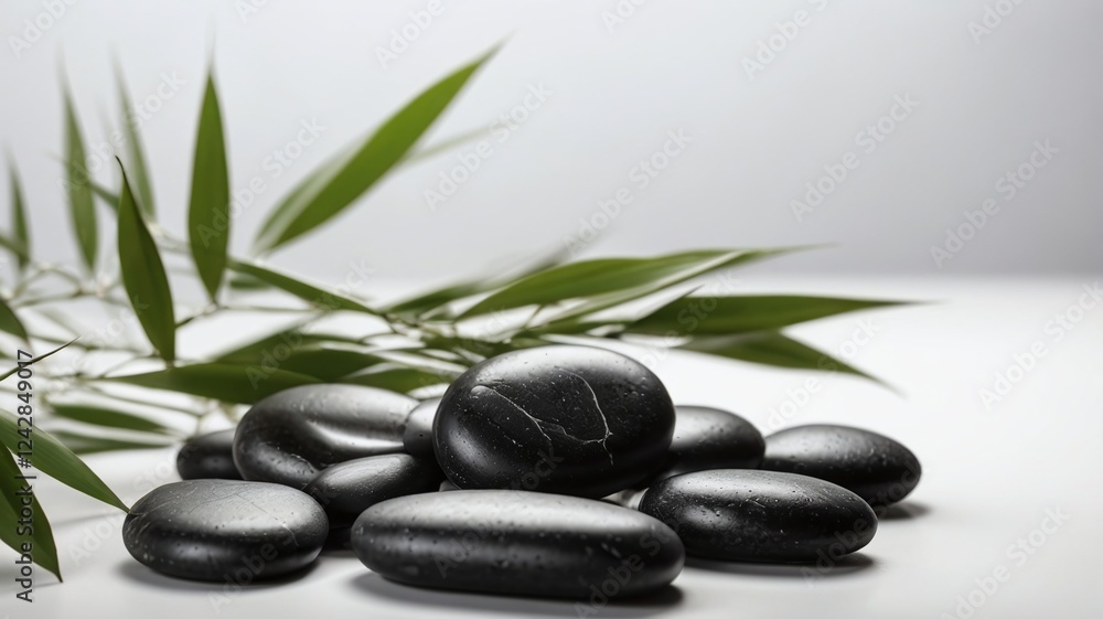 Black zen spa stones with banmoo leaves on white backgruond