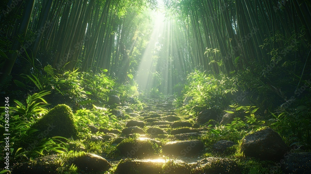 Fototapeta premium Sunlit Stone Path Through Lush Bamboo Forest
