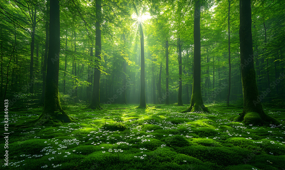 Obraz premium Sunbeams in lush green forest, spring flowers, nature background