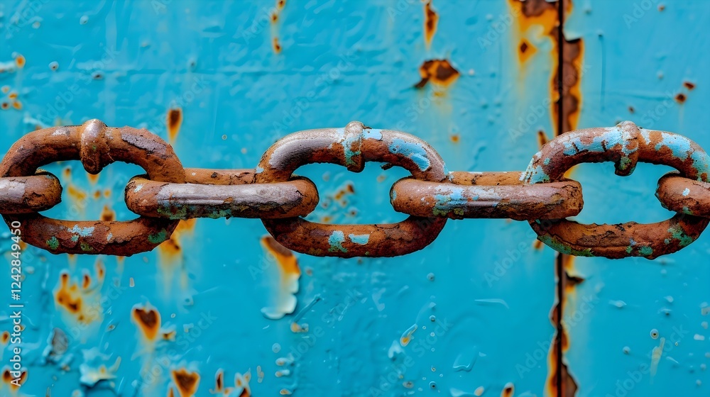Close-Up of Rusty Chain Links Against Blue Weathered Background Close-Up of Rusty Chain Links Against Blue Weathered Background