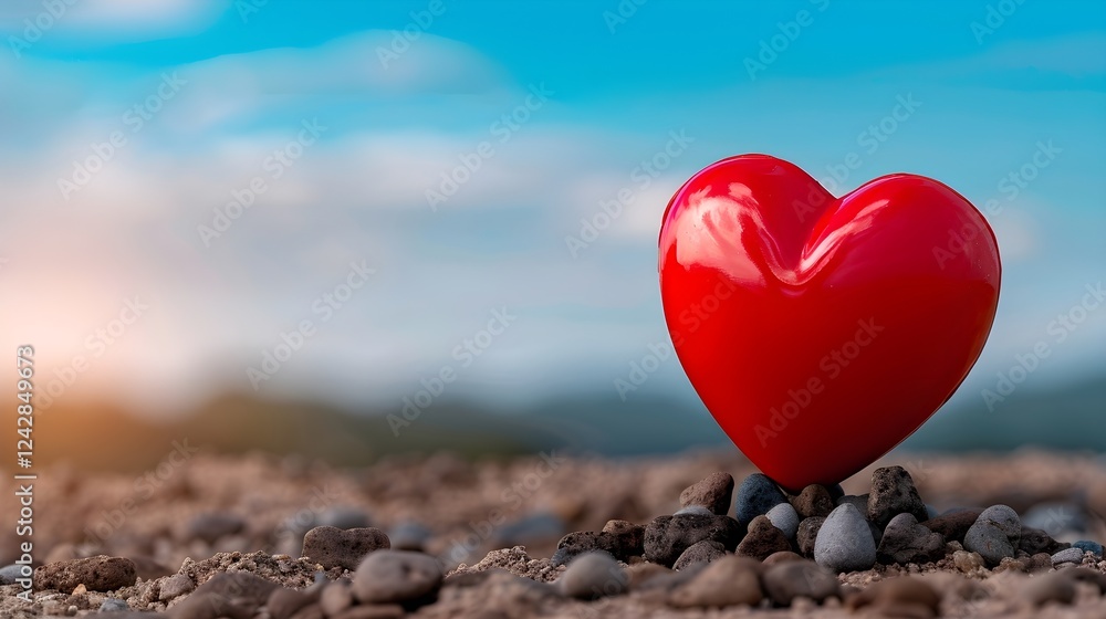 Fototapeta premium Vibrant Red Heart on Stones Against a Soft Blue Sky Background