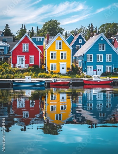 Colorful Houses and Boats Reflecting in Calm Water