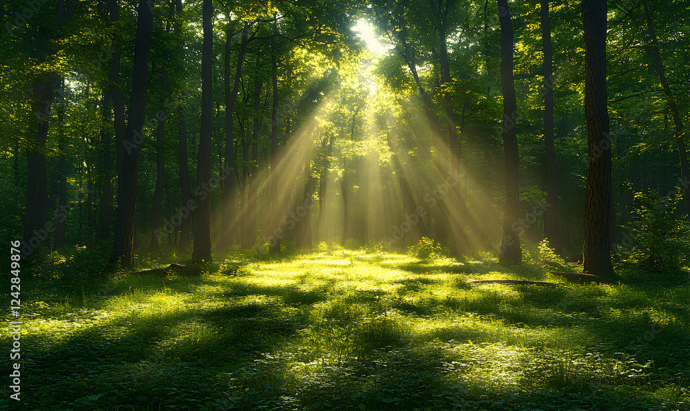 Fototapeta premium Sunbeams in misty forest clearing, nature peace