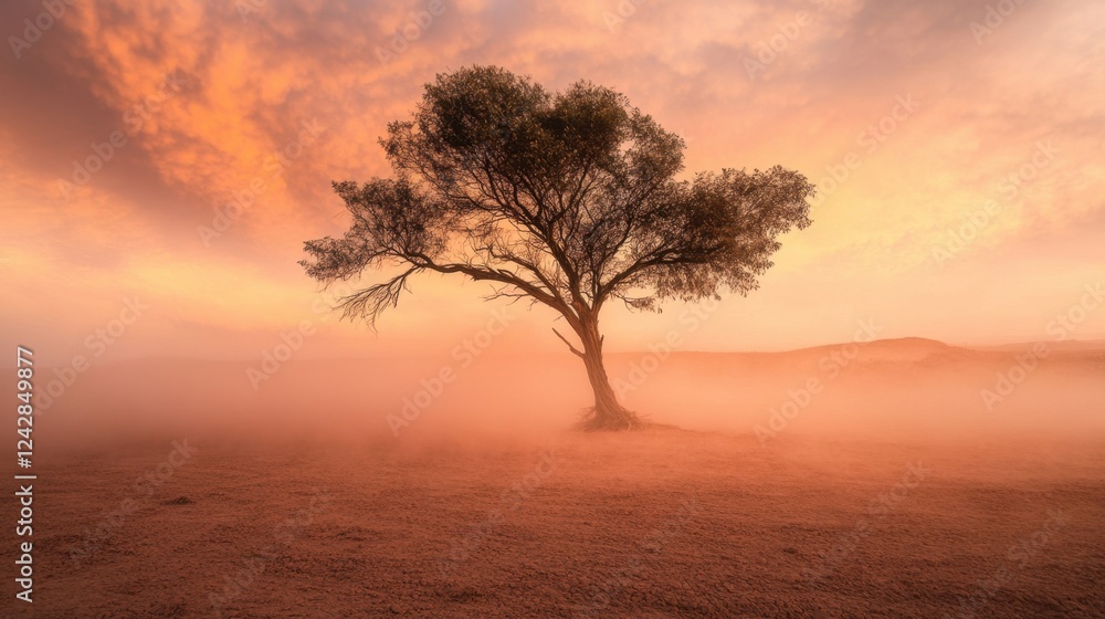 A swirling dust storm over an arid plain, with a lone tree standing amidst the harsh conditions. A swirling dust storm over an arid plain, with a lone tree standing amidst the harsh conditions.