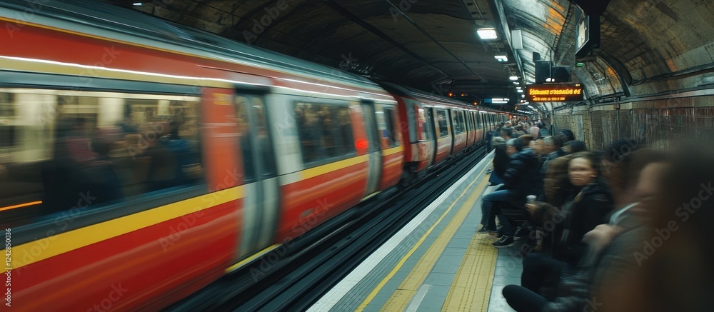 Obraz premium Rapid Transit Underground Train Speeding Past Passengers on Platform