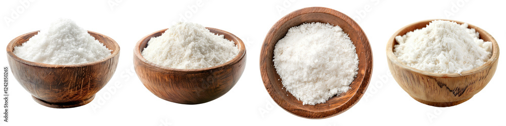 Coconut powder in a wooden bowl isolated on transparent background, PNG, Set of Coconut powder in a wooden bowl isolated on transparent background, PNG, Set of