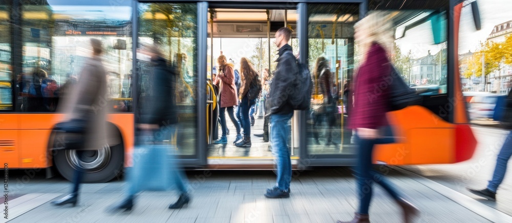 Fototapeta premium Urban transit Man waits at bus stop, blurred commuters rush by