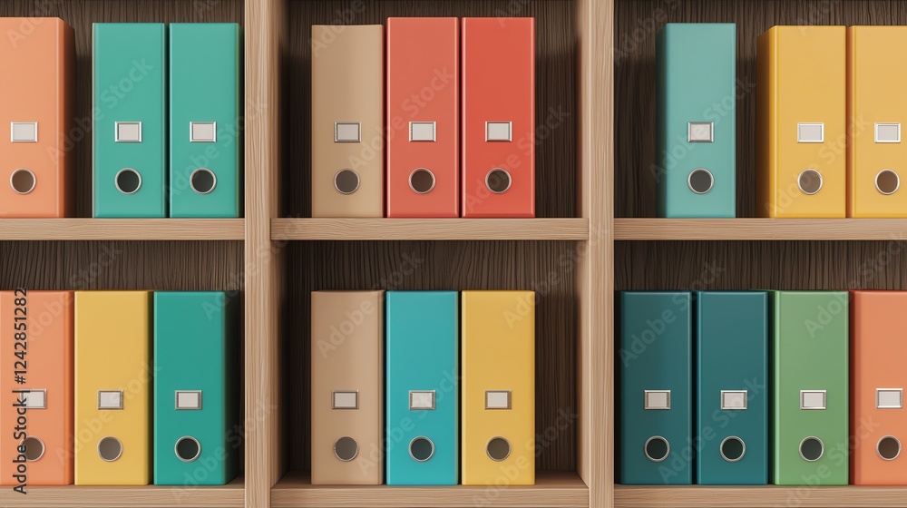 Organized office shelves with labeled documents, highlighting structure Organized office shelves with labeled documents, highlighting structure